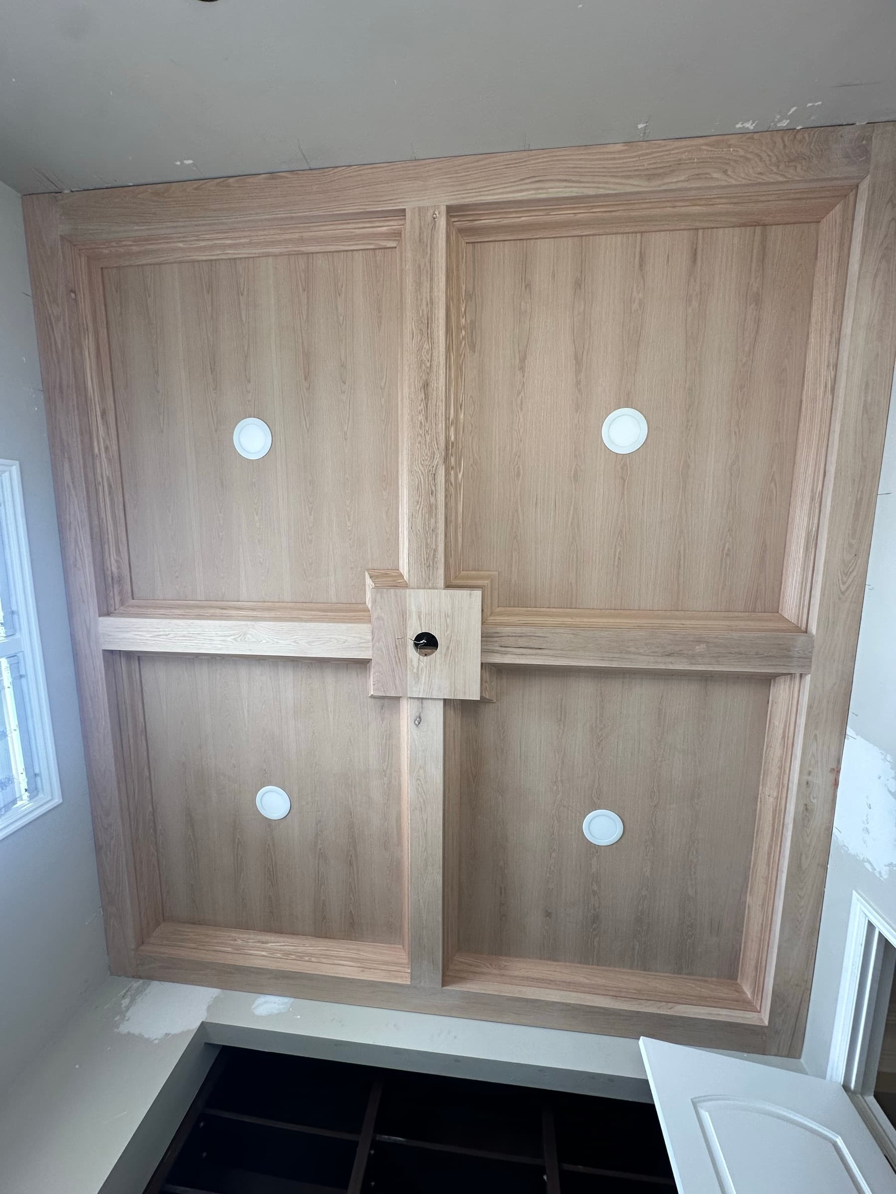White oak coffered ceiling grid with recessed lighting