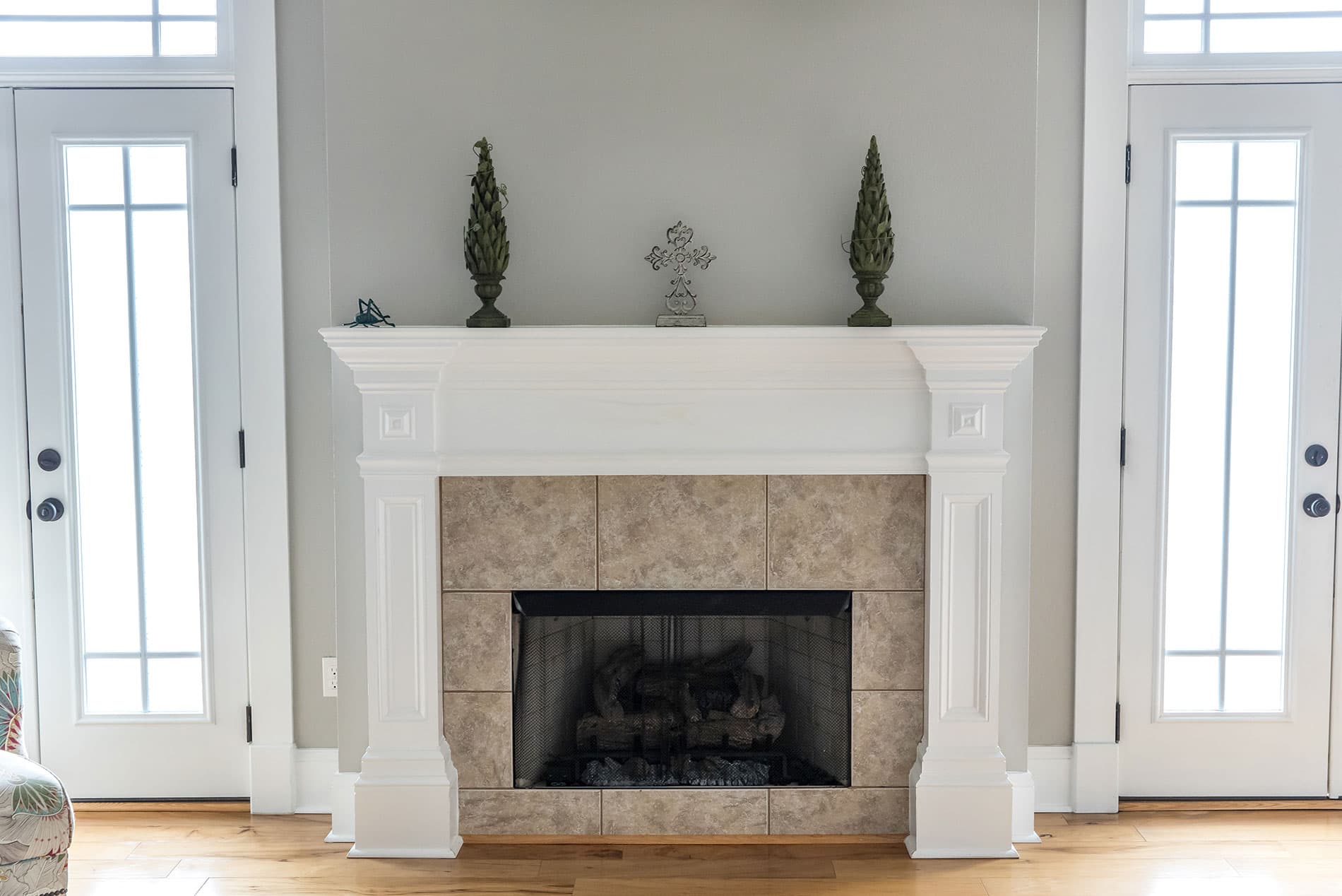 Stone fireplace with a custom wood mantle, Island Park ID