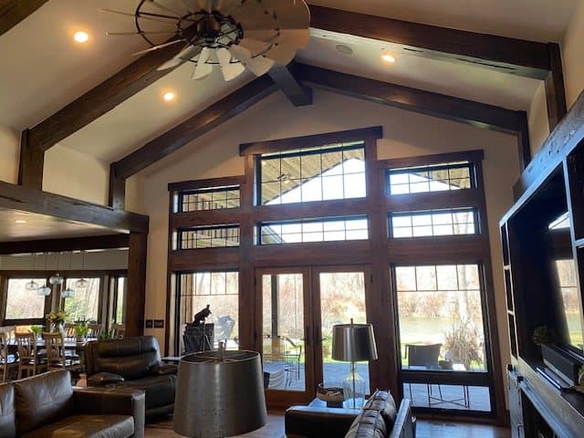 Vaulted ceiling with exposed wood beams